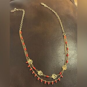 Gold Necklace with Coral beads and Rose pendants